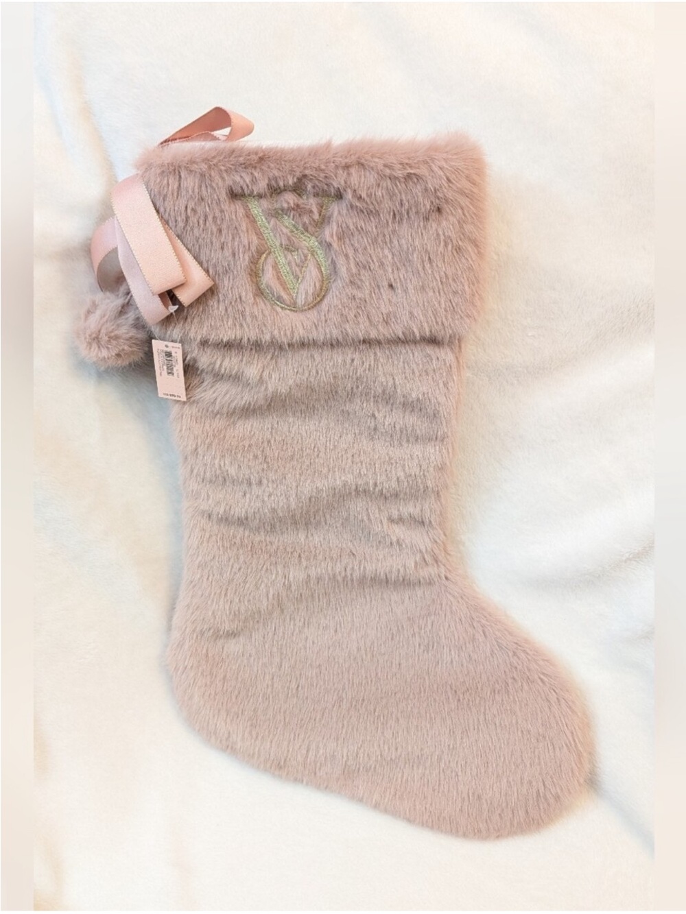 Victoria's Secret BIG Plush Faux Fur Christmas Stocking in blush pink/mauve NWT
